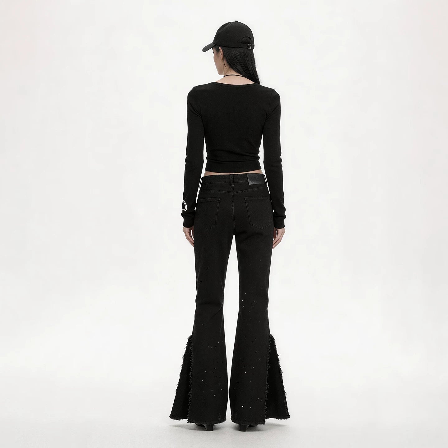 Lapargay High Waist Flared Style Star Rhinestone Embellishment Irregular Raw Hem Pants L78102630V - Lapargay