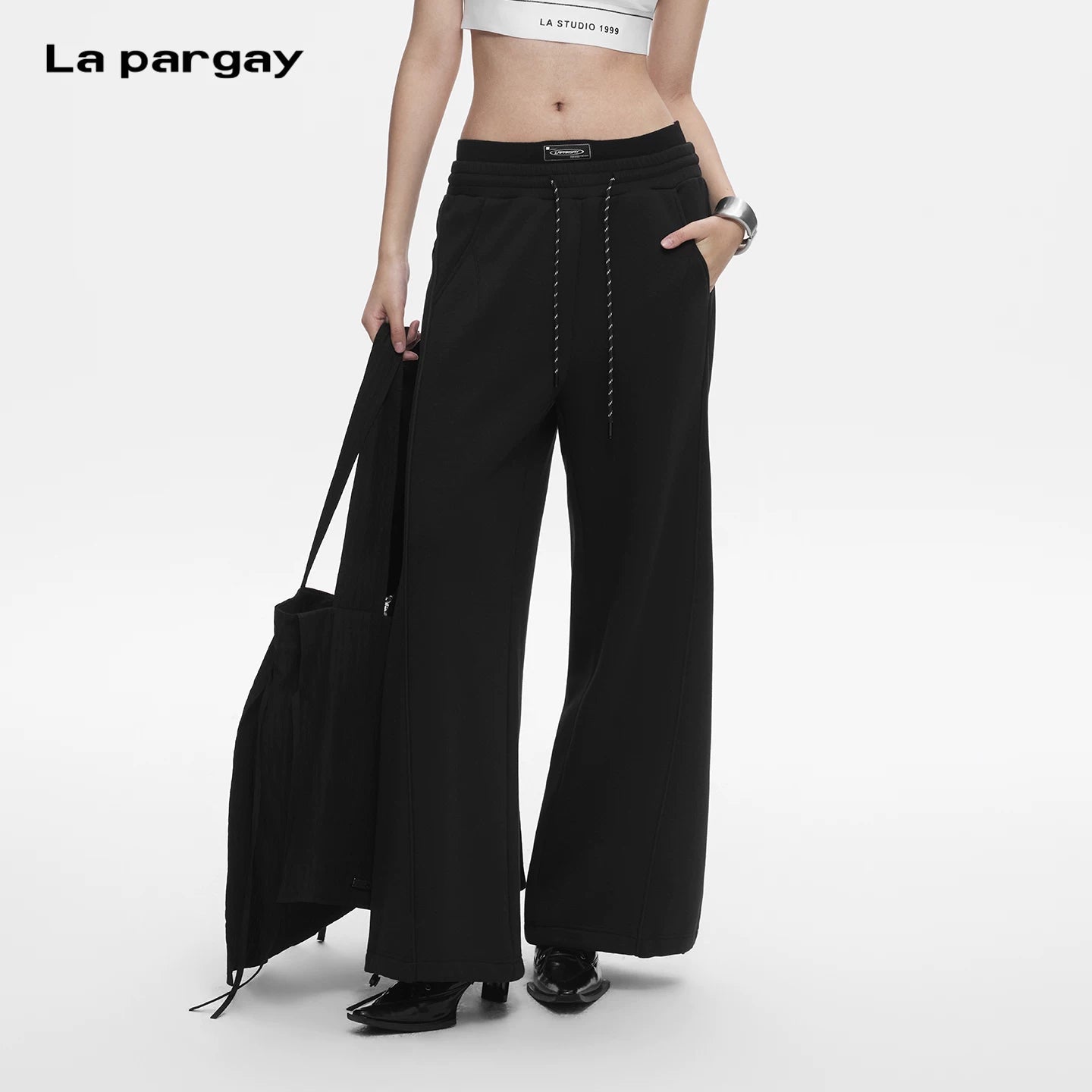 Lapargay High-waist Wide-leg Pants with Dropped Waistband, Double Elastic Waist, Loose Trouser Legs Versatile L78102804C - Lapargay