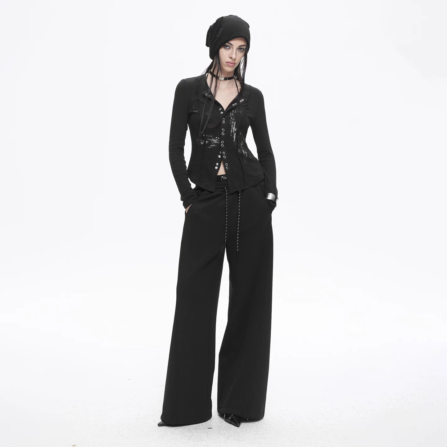 Lapargay High-waist Wide-leg Pants with Dropped Waistband, Double Elastic Waist, Loose Trouser Legs Versatile L78102804C - Lapargay