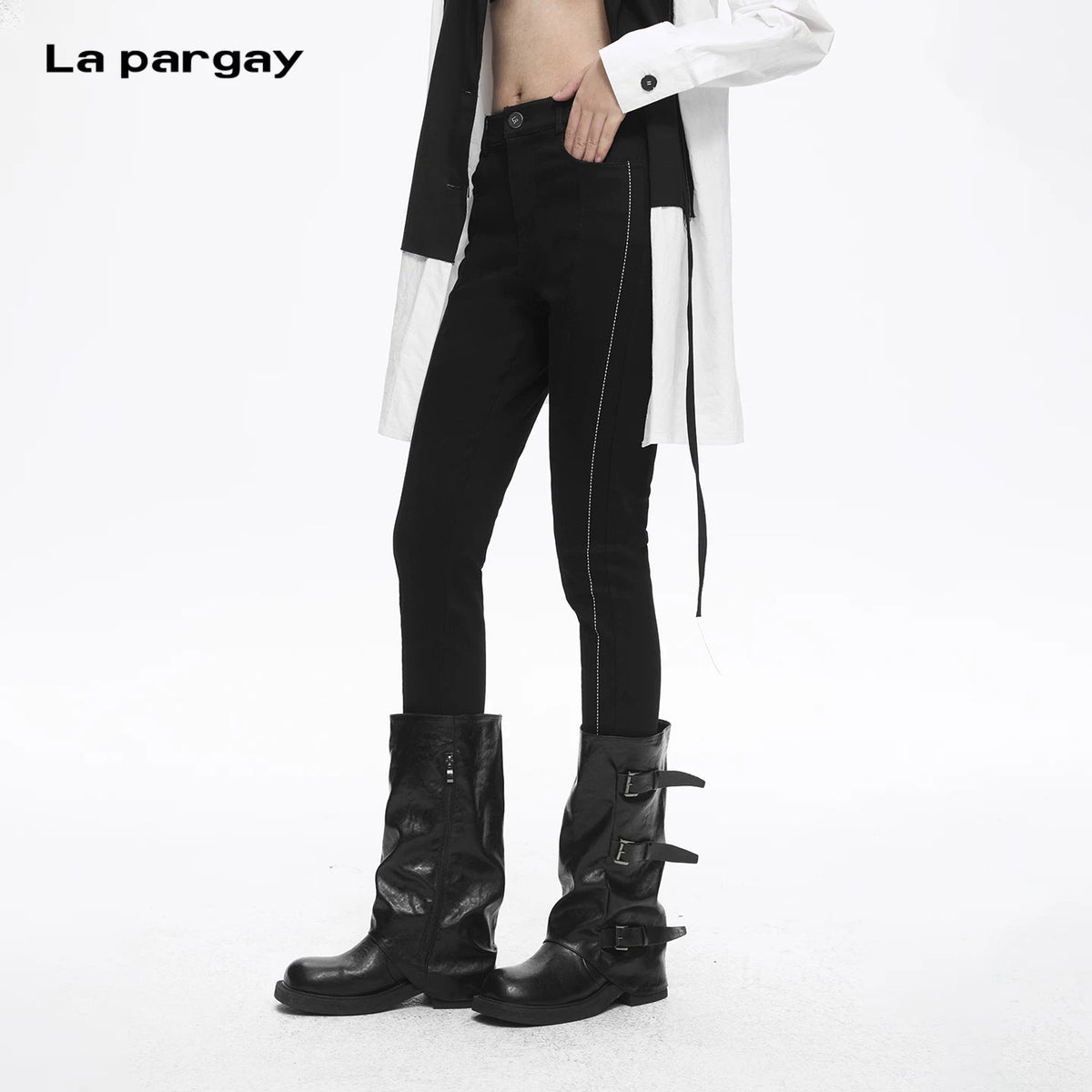 Lapargay high-waisted elastic casual pants, metal button placket design, optimized body proportions L78102501C - Lapargay