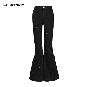 Lapargay high-waisted flared fit, starry rhinestone embellishment, irregular frayed hem L78102630V - Lapargay
