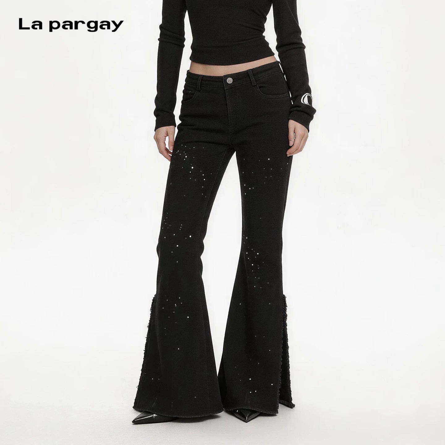 Lapargay high-waisted flared fit, starry rhinestone embellishment, irregular frayed hem L78102630V - Lapargay