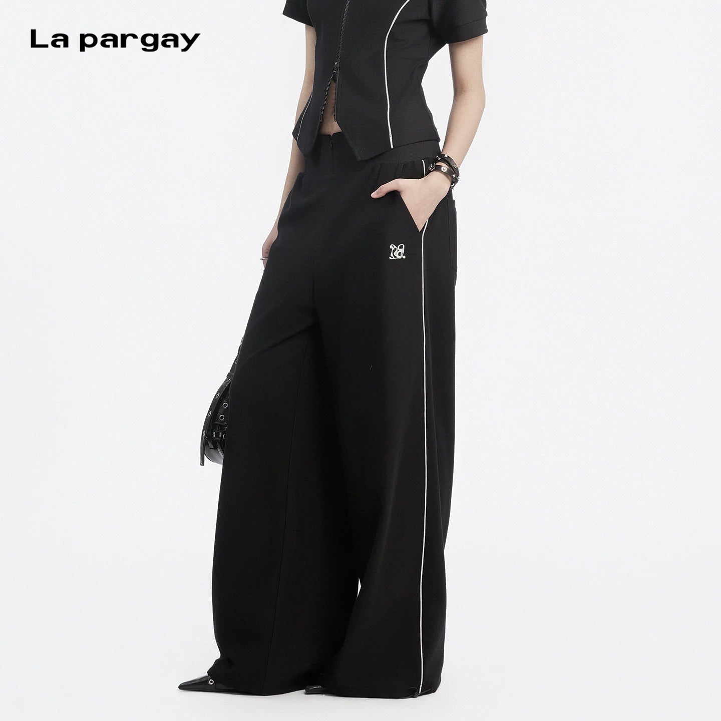 Lapargay high-waisted wide-leg casual pants side white line trim drawstring hem design L78202801V - Lapargay