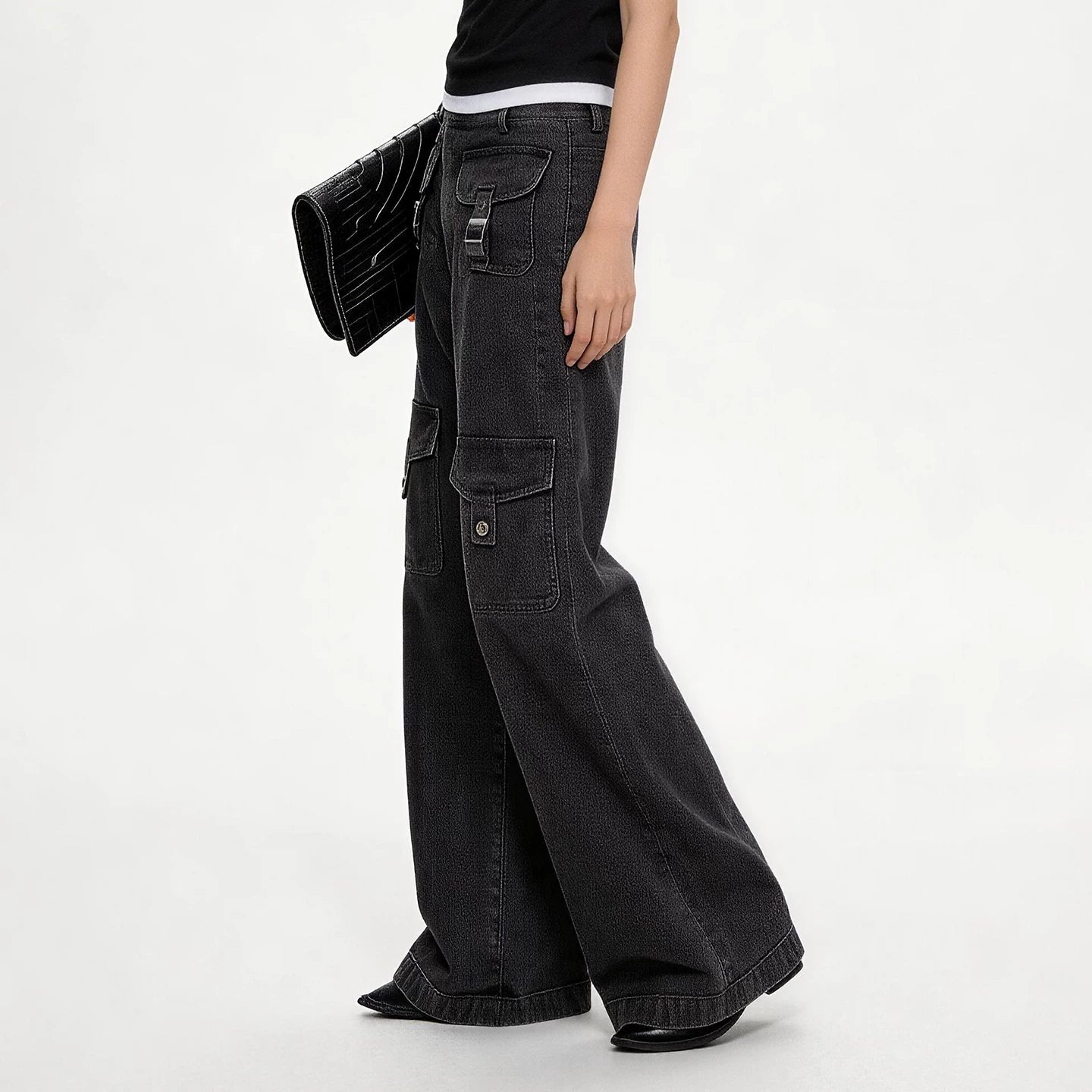Lapargay high-waisted wide-leg denim long pants, multi-pocket design, washed distressed process L78102635V - Lapargay