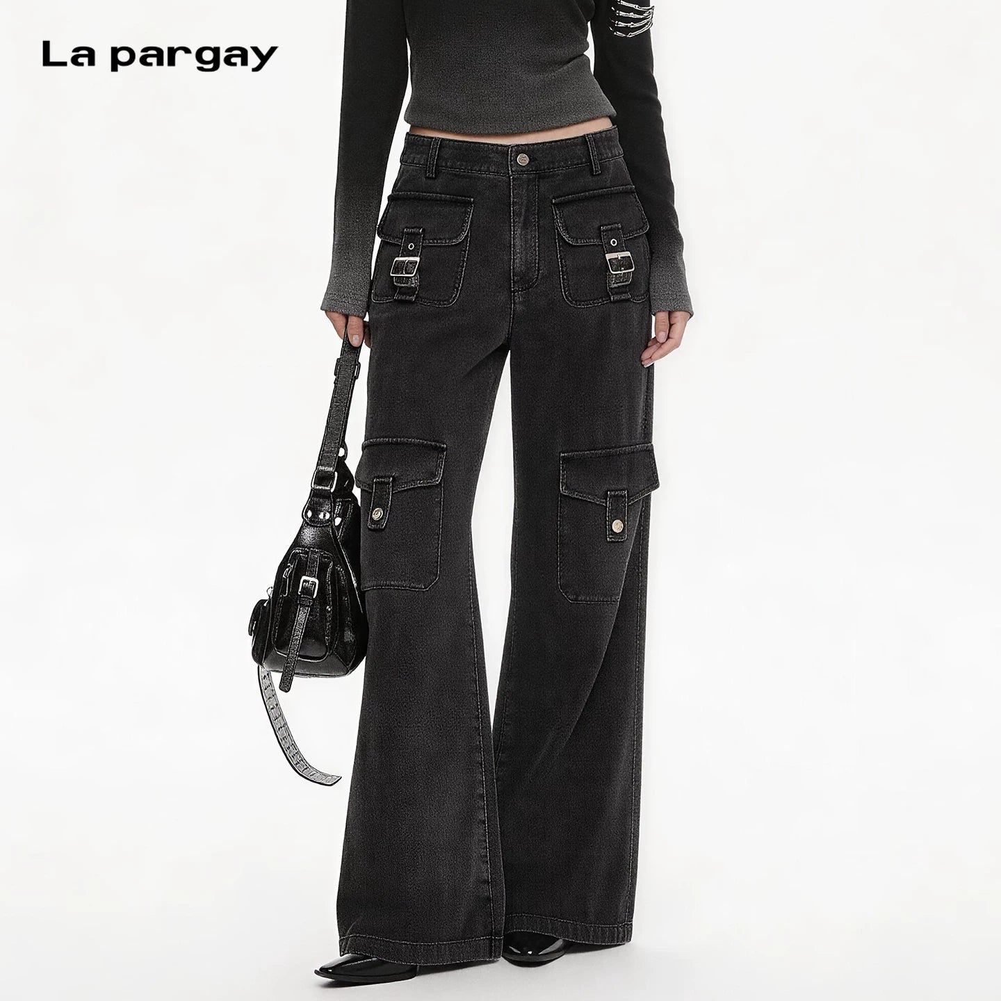 Lapargay high-waisted wide-leg denim long pants, multi-pocket design, washed distressed process L78102635V - Lapargay