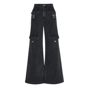 Lapargay high-waisted wide-leg denim long pants, multi-pocket design, washed distressed process L78102635V - Lapargay