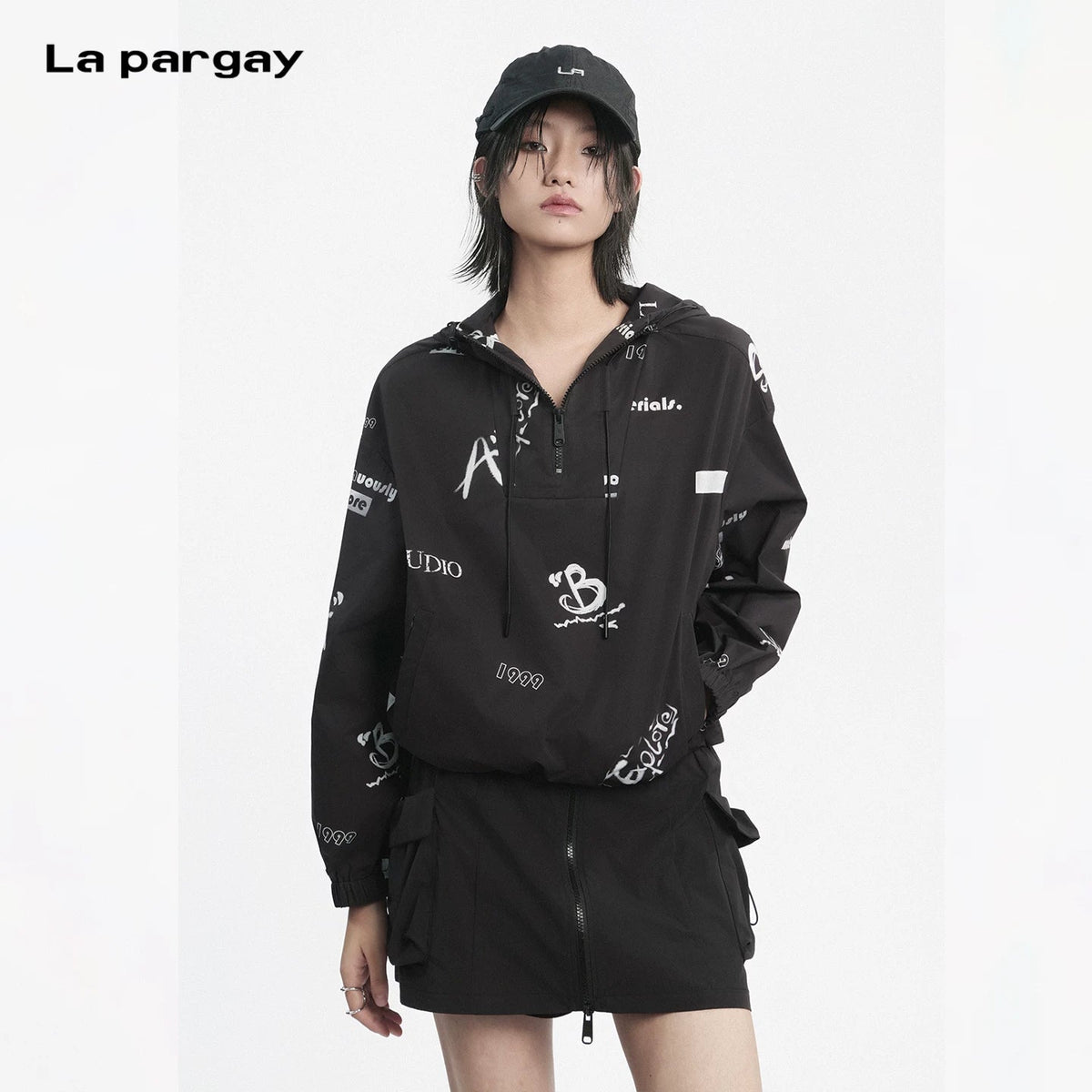 Lapargay Hooded Drawstring Short Jacket, Half Placket Design, Elastic Hem L78201902V - Lapargay