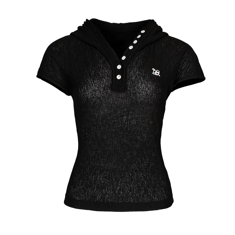 Lapargay hooded short-sleeve V-neck T-shirt slim fit slimming half-placket button front L78200220V - Lapargay