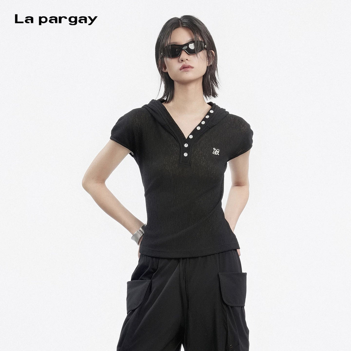 Lapargay hooded short-sleeve V-neck T-shirt slim fit slimming half-placket button front L78200220V - Lapargay