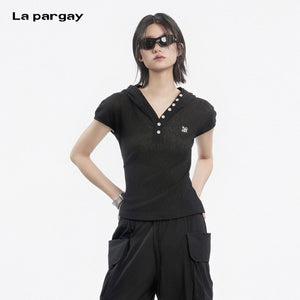 Lapargay hooded short-sleeve V-neck T-shirt slim fit slimming half-placket button front L78200220V - Lapargay