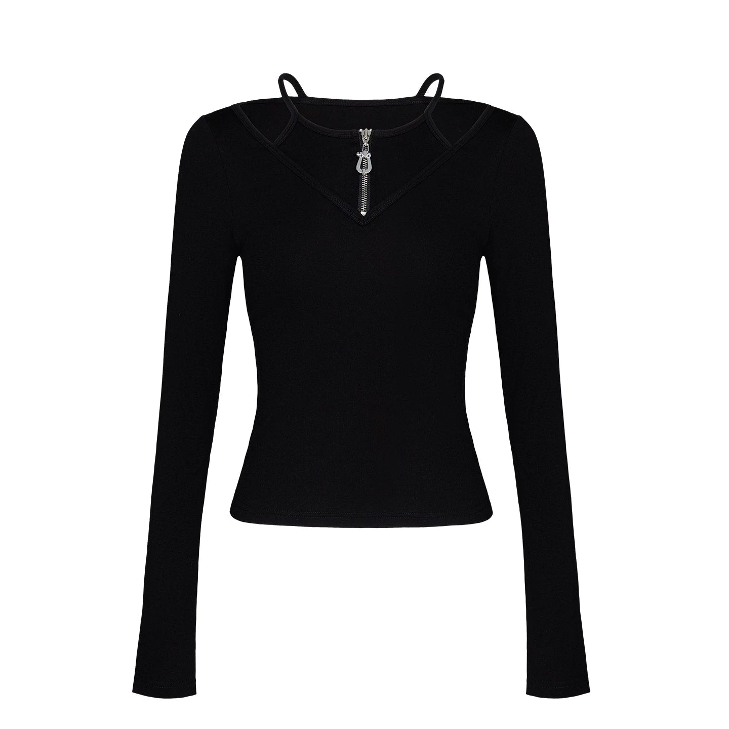 Lapargay Hot Girl Halter Neck Long Sleeve T-Shirt Off-Shoulder Two-Piece Zipper Waist-Cinching Short Style L75100306C - Lapargay