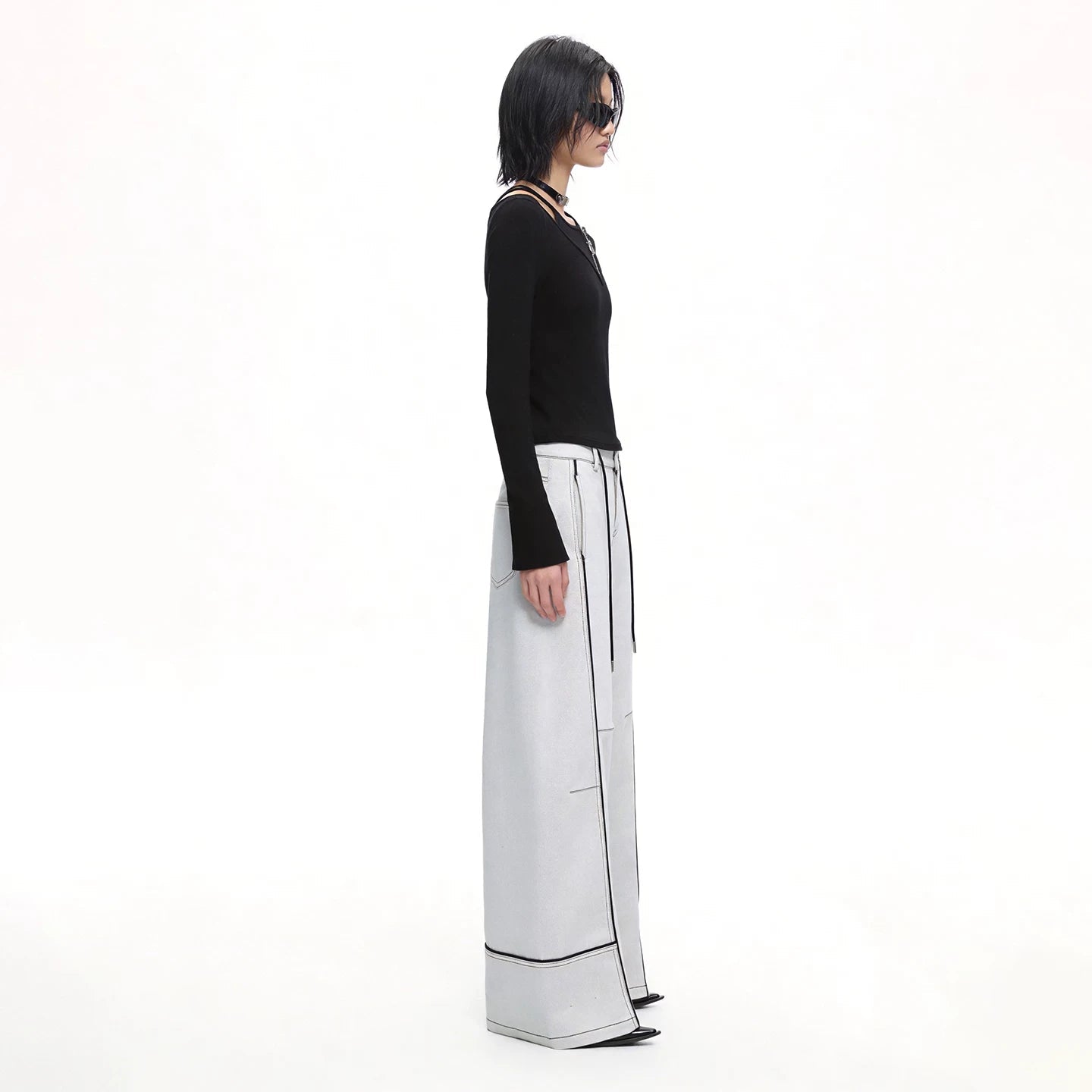 Lapargay Hot Girl Halter Neck Long Sleeve T-Shirt Off-Shoulder Two-Piece Zipper Waist-Cinching Short Style L75100306C - Lapargay