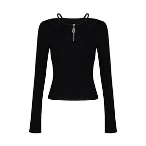 Lapargay Hot Girl Halter Neck Long Sleeve T-Shirt Off-Shoulder Two-Piece Zipper Waist-Cinching Short Style L75100306C - Lapargay
