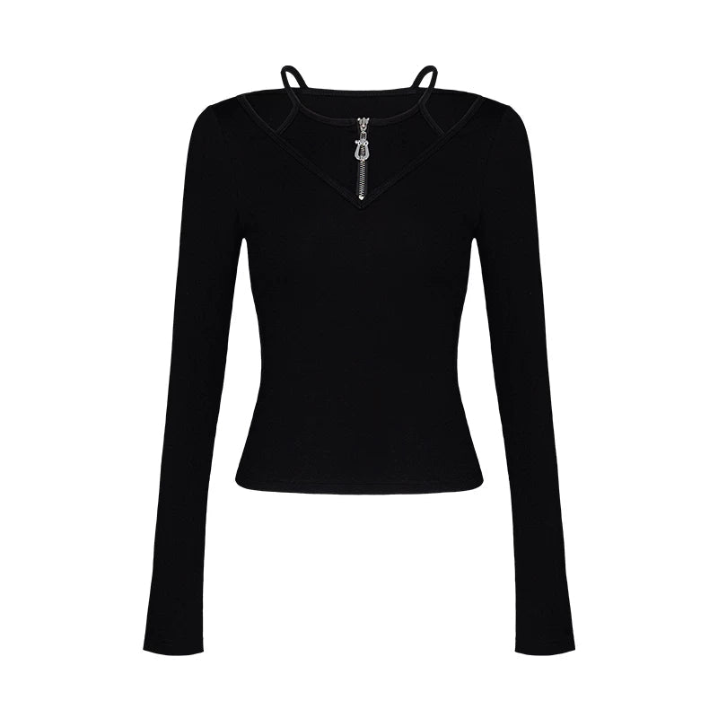Lapargay Hot Girl Halter Neck Long Sleeve T-Shirt Off-Shoulder Two-Piece Zipper Waist-Cinching Short Style L75100306C - Lapargay