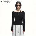 Lapargay Hot Girl Halter Neck Long Sleeve T-Shirt Off-Shoulder Two-Piece Zipper Waist-Cinching Short Style L75100306C - Lapargay
