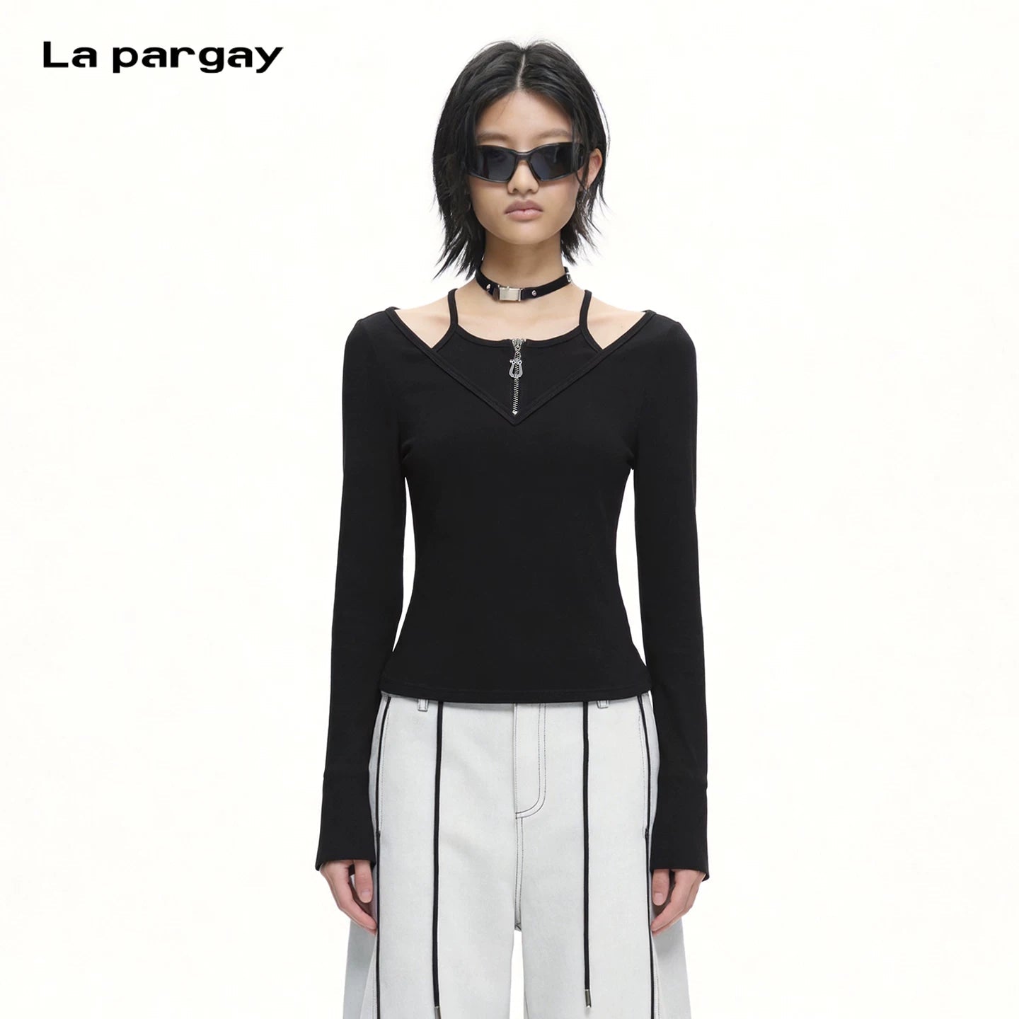 Lapargay Hot Girl Halter Neck Long Sleeve T-Shirt Off-Shoulder Two-Piece Zipper Waist-Cinching Short Style L75100306C - Lapargay