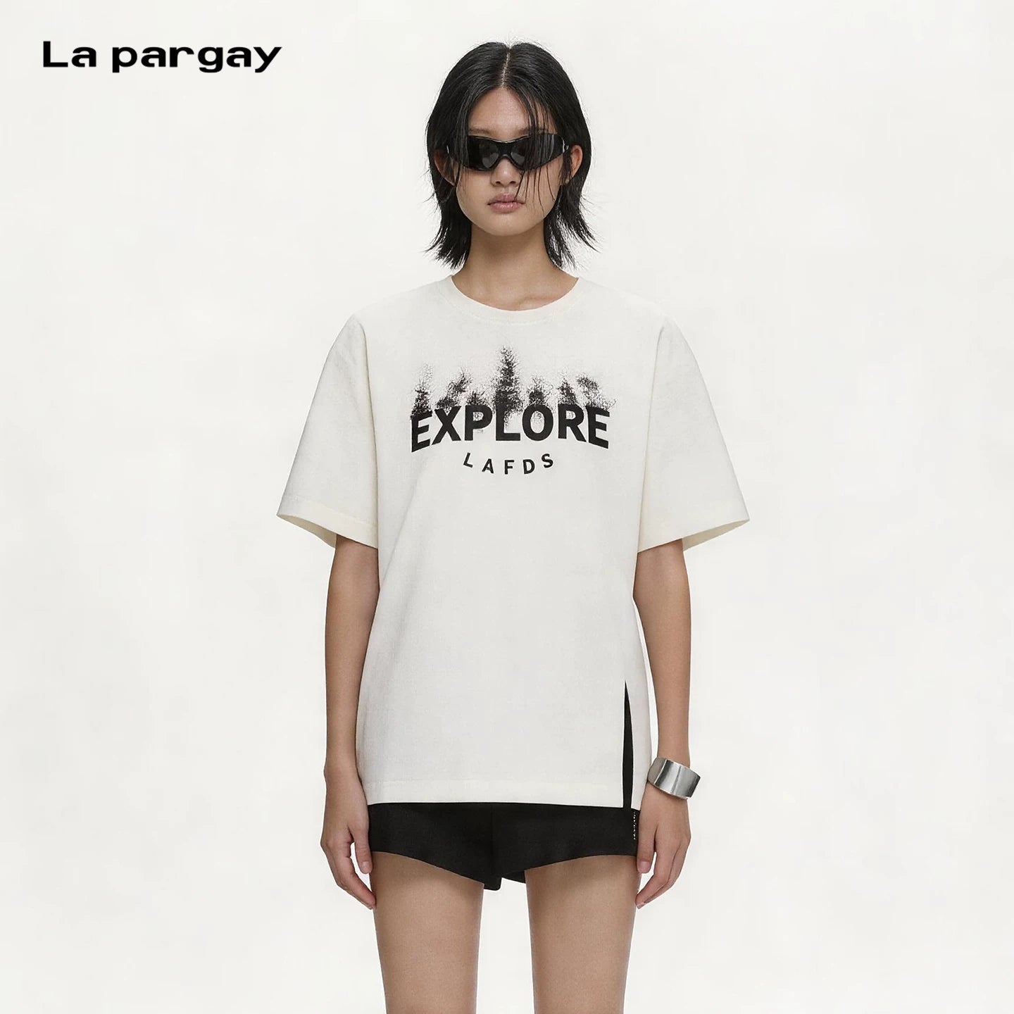 Lapargay Ink Forest Print Side Slit Design Comfortable Loose White T-shirt L75200212C - Lapargay
