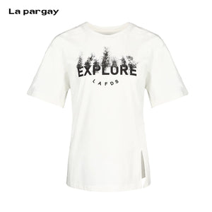 Lapargay Ink Forest Print Side Slit Design Comfortable Loose White T-shirt L75200212C - Lapargay
