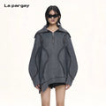 Lapargay Irregular Hem Knitted Long Coat Metal Double Zipper Wide Lapel L66301910C - Lapargay