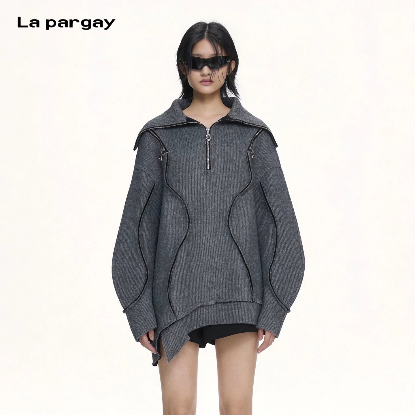 Lapargay Irregular Hem Knitted Long Coat Metal Double Zipper Wide Lapel L66301910C - Lapargay