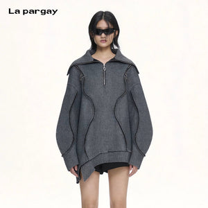 Lapargay Irregular Hem Knitted Long Coat Metal Double Zipper Wide Lapel L66301910C - Lapargay