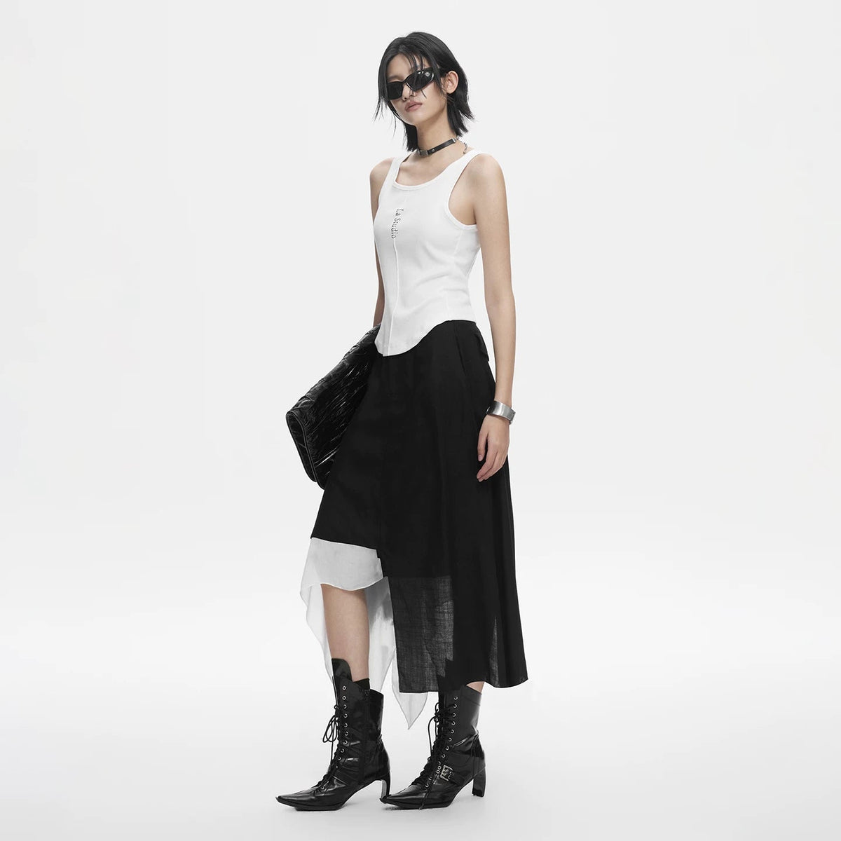 Lapargay irregular long half skirt with double-layer splicing and black-and-white contrast L78209102C - Lapargay