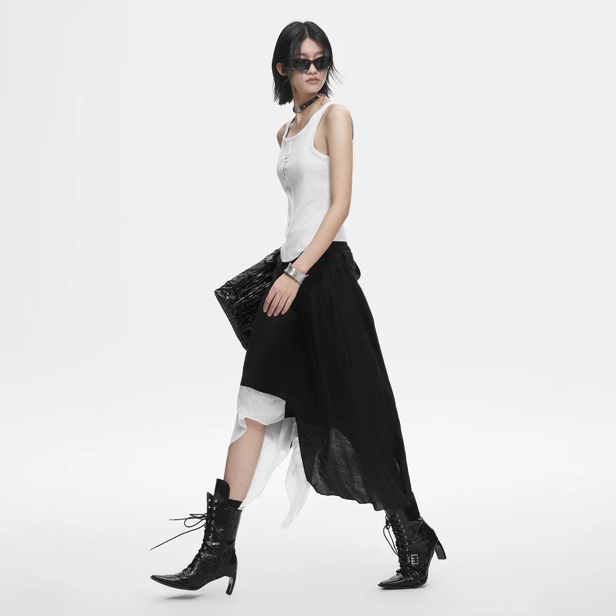 Lapargay irregular long half skirt with double-layer splicing and black-and-white contrast L78209102C - Lapargay