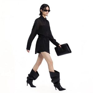 Lapargay lapel long shirt, elastic drawstring waist, pleated texture casual style L78201001C - Lapargay
