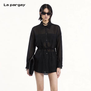 Lapargay lapel long shirt, elastic drawstring waist, pleated texture casual style L78201001C - Lapargay