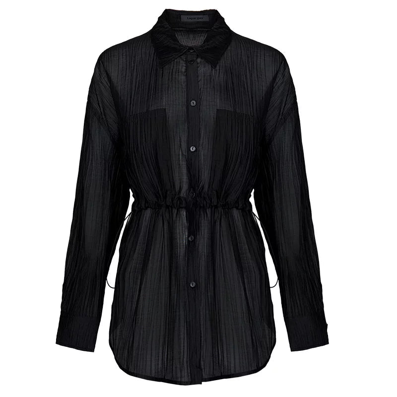 Lapargay lapel long shirt, elastic drawstring waist, pleated texture casual style L78201001C - Lapargay