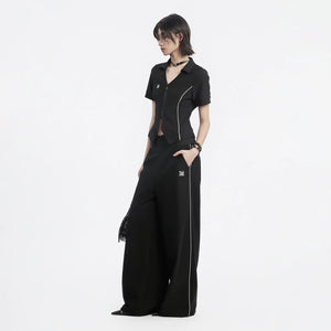 Lapargay lapel waist-cinching short jacket with contrasting color lines and double zipper design L78201904V - Lapargay