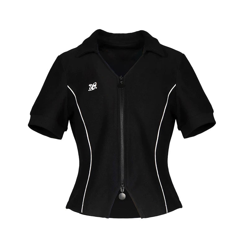 Lapargay lapel waist-cinching short jacket with contrasting color lines and double zipper design L78201904V - Lapargay