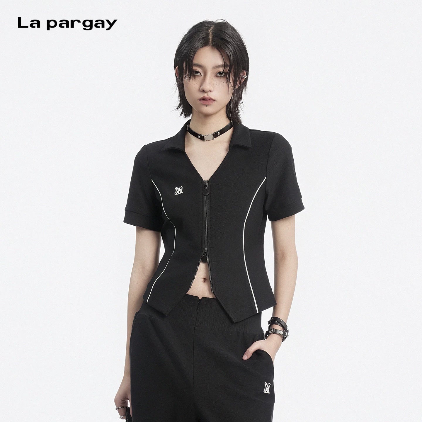 Lapargay lapel waist-cinching short jacket with contrasting color lines and double zipper design L78201904V - Lapargay