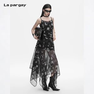 Lapargay Letter Print Strap Dress, Cinched Waist Slim Fit, Irregular Mesh Long Dress L78209009V - Lapargay