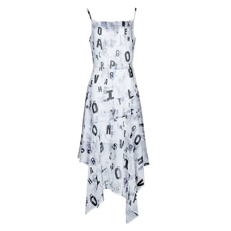Lapargay Letter Print Strap Dress, Cinched Waist Slim Fit, Irregular Mesh Long Dress L78209009V - Lapargay