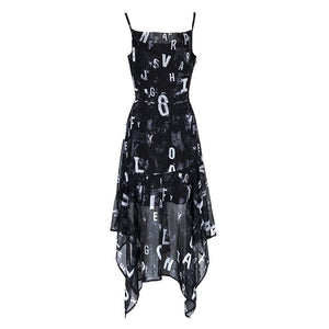 Lapargay Letter Print Strap Dress, Cinched Waist Slim Fit, Irregular Mesh Long Dress L78209009V - Lapargay