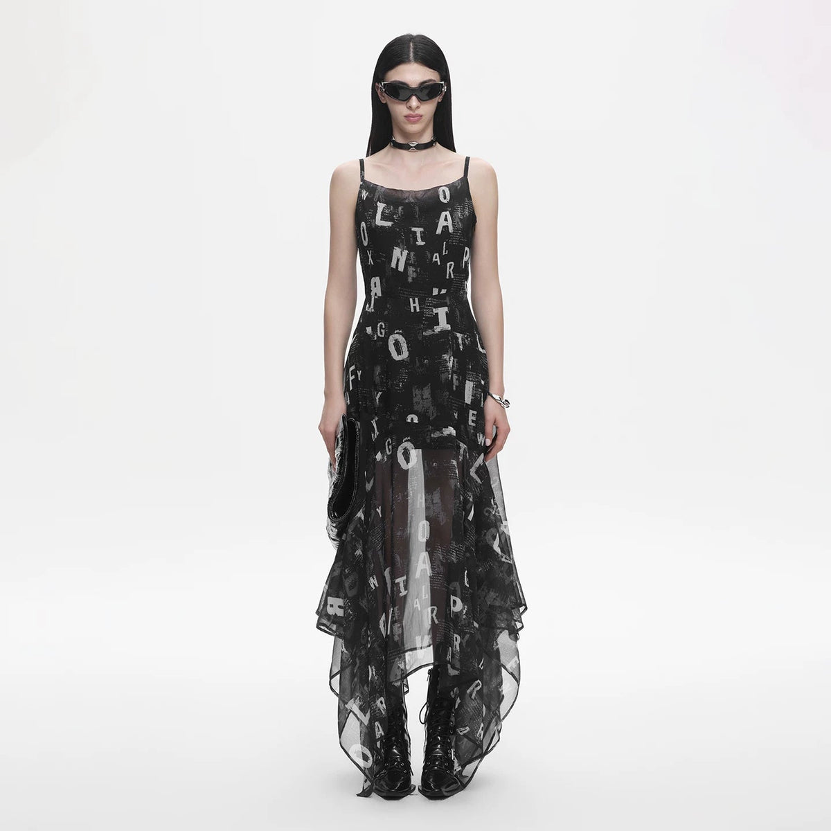 Lapargay Letter Print Strap Dress, Cinched Waist Slim Fit, Irregular Mesh Long Dress L78209009V - Lapargay