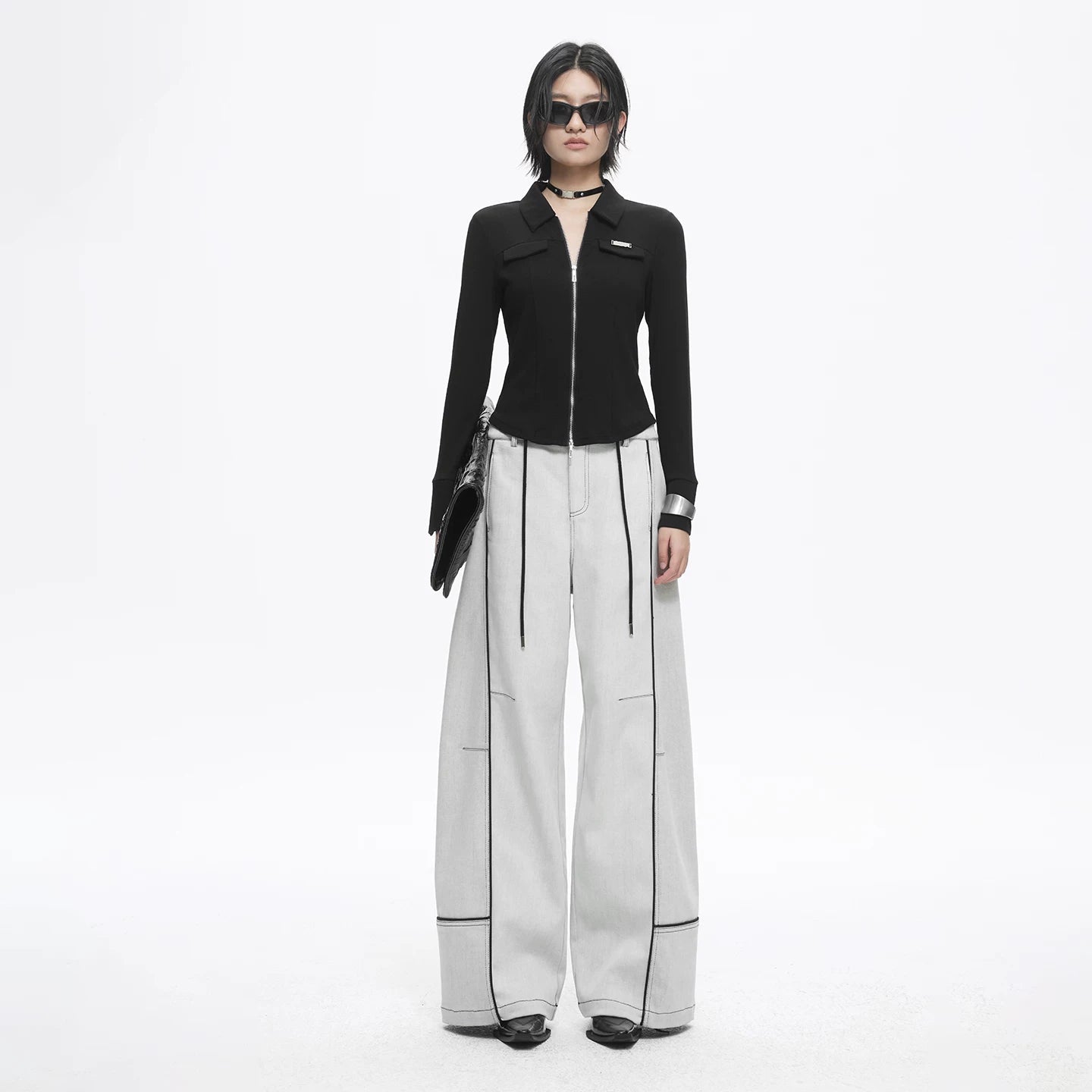 Lapargay light gray washed denim wide-leg pants, contrast design, double drawstring adjustable waist L78102622V - Lapargay