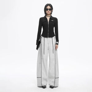 Lapargay light gray washed denim wide-leg pants, contrast design, double drawstring adjustable waist L78102622V - Lapargay