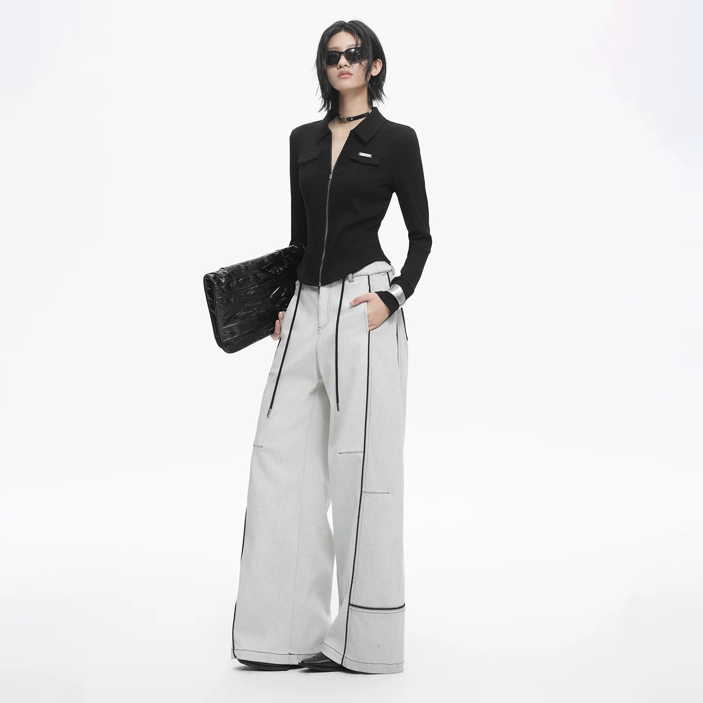 Lapargay light gray washed denim wide-leg pants, contrast design, double drawstring adjustable waist L78102622V - Lapargay