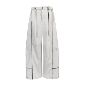 Lapargay light gray washed denim wide-leg pants, contrast design, double drawstring adjustable waist L78102622V - Lapargay