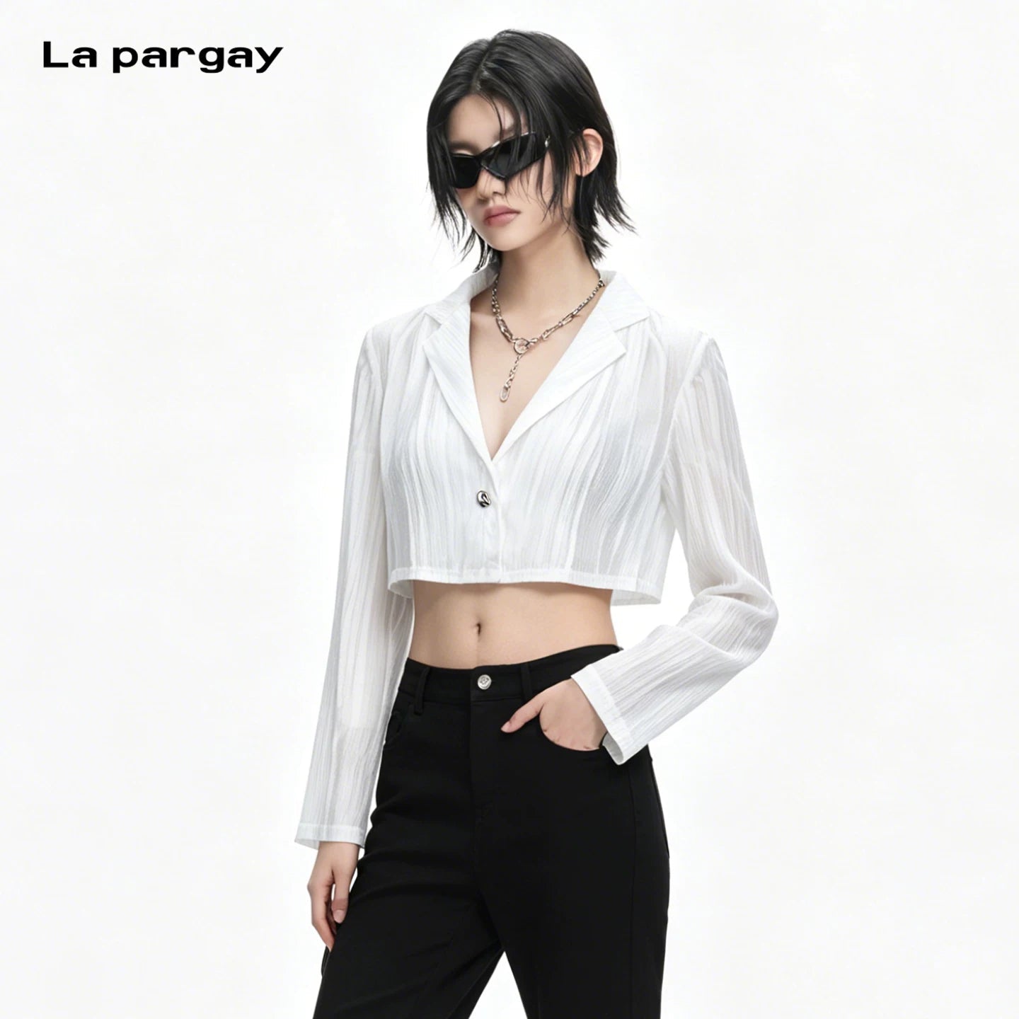 Lapargay lightweight crinkled short shirt suit lapel long sleeve waist-cinching crop top L78201201C - Lapargay