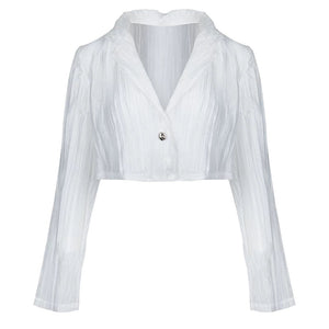 Lapargay lightweight crinkled short shirt suit lapel long sleeve waist-cinching crop top L78201201C - Lapargay