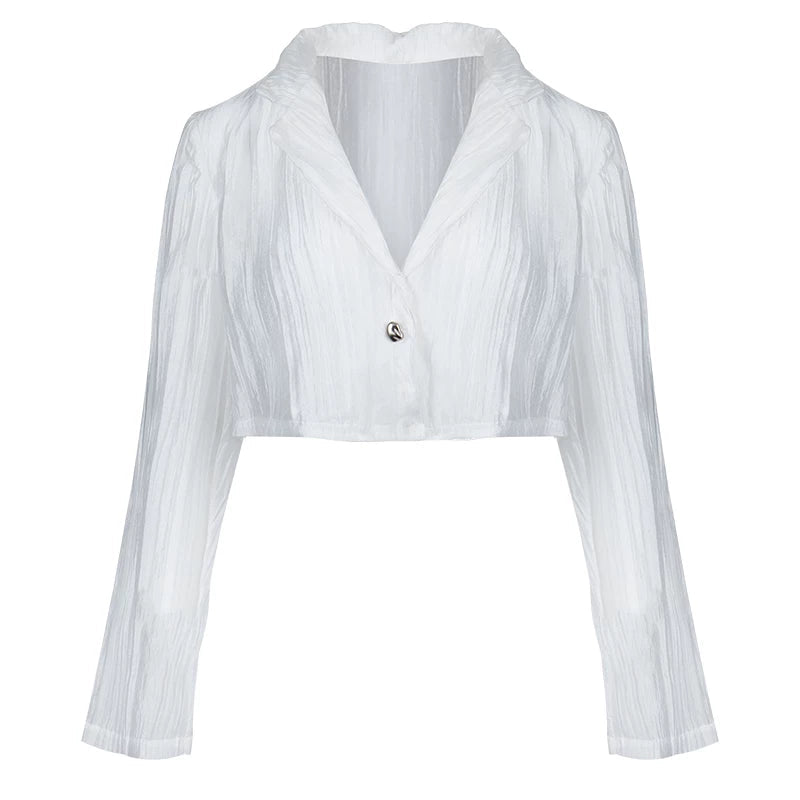 Lapargay lightweight crinkled short shirt suit lapel long sleeve waist-cinching crop top L78201201C - Lapargay