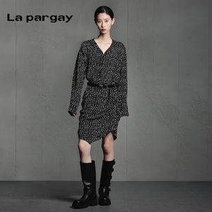 Lapargay Long-sleeve striped shirt dress 2026 spring new women's personality mid-long design sense dress - Lapargay