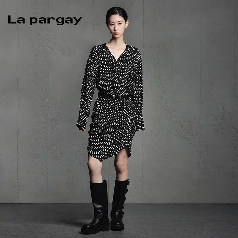 Lapargay Long-sleeve striped shirt dress 2026 spring new women's personality mid-long design sense dress - Lapargay
