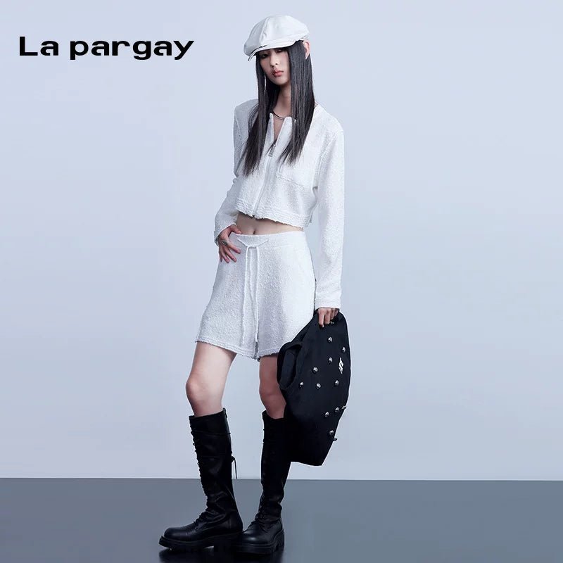 Lapargay long-sleeved cardigan jacket 2026 spring new women's white personality casual short knitted top - Lapargay