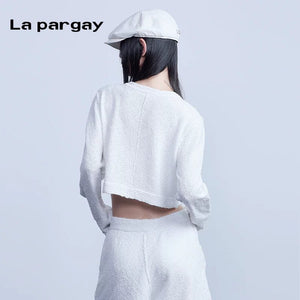 Lapargay long-sleeved cardigan jacket 2026 spring new women's white personality casual short knitted top - Lapargay