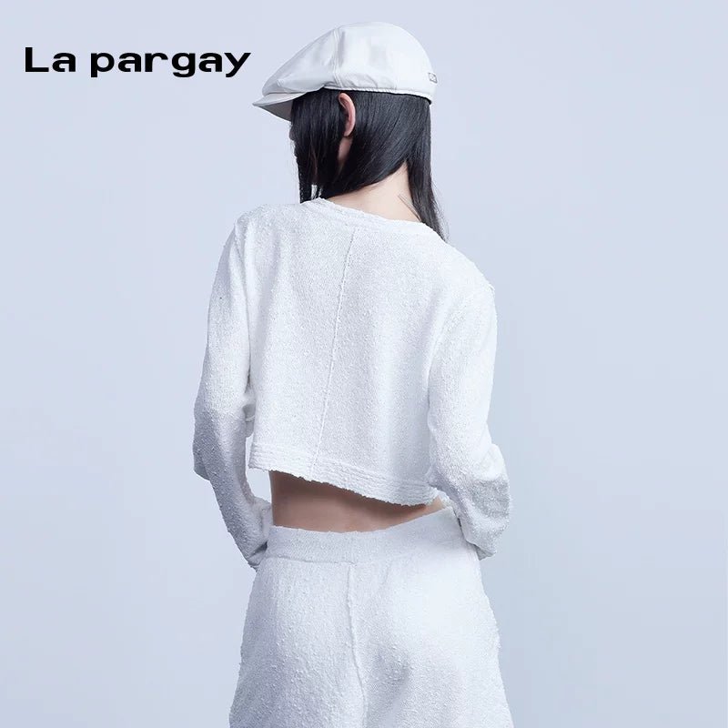 Lapargay long-sleeved cardigan jacket 2026 spring new women's white personality casual short knitted top - Lapargay
