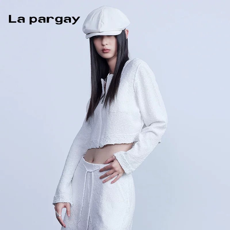 Lapargay long-sleeved cardigan jacket 2026 spring new women's white personality casual short knitted top - Lapargay